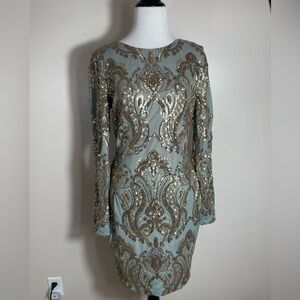 Dress the Population Gold and Shimmery Sage Long Sleeve Dress